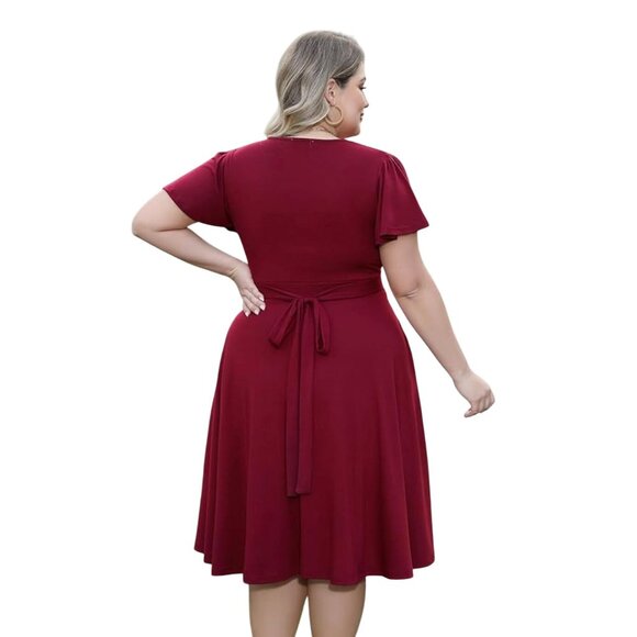 Dark Red Soft Knit Midi Dress w/Tie Size 26 4X New Plus Size Flutter Sleeves - Picture 2 of 8